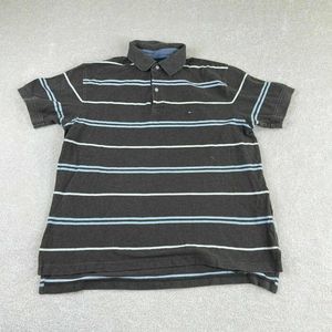 Tommy Hilfiger Mens Polo Shirt Large Gray Striped Short Sleeve Pullover Logo*